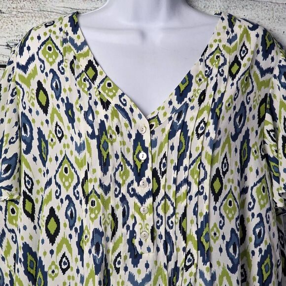 Rose + Olive Green Blue Ikat Print Blouse 1X - Picture 3 of 8